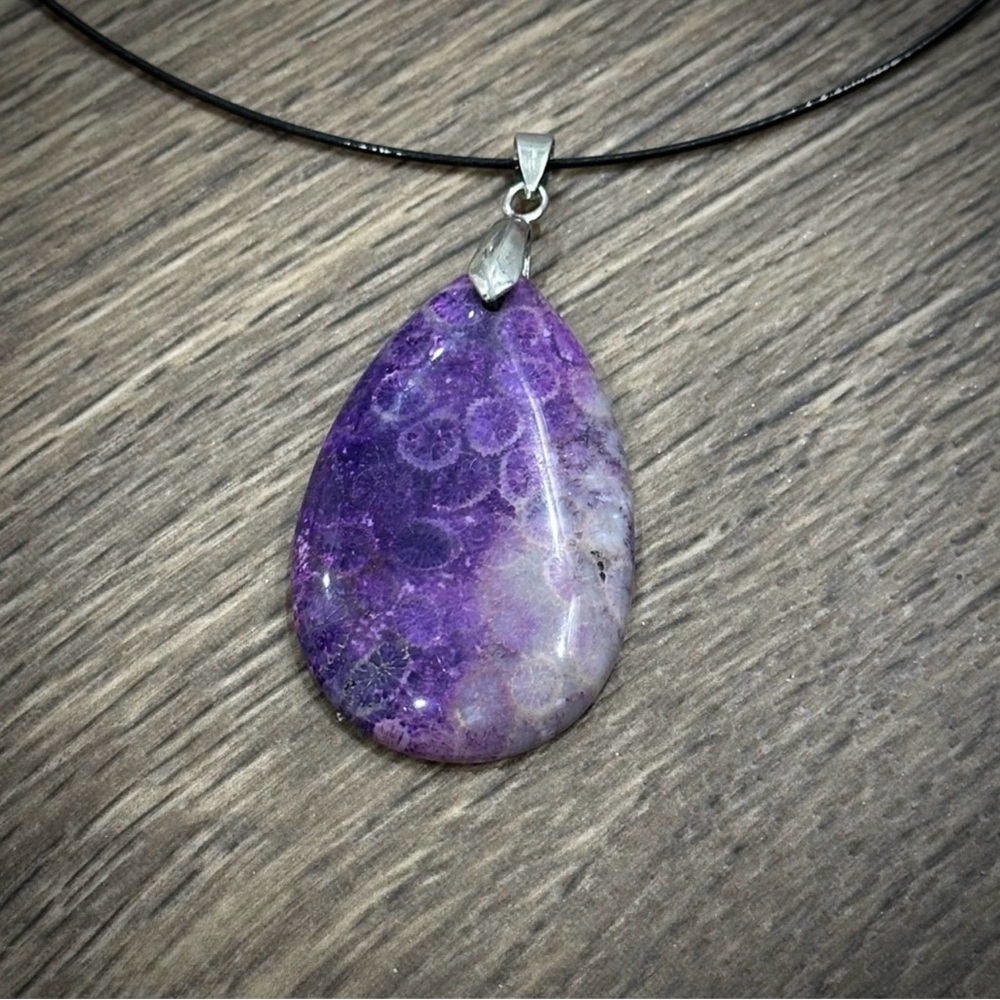 Purple Chrysanthemum Coral Fossil Teardrop Pendant Necklace – One of a Kind - Picture 1 of 10